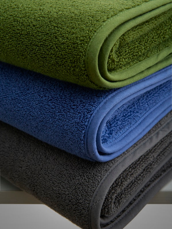 Cascadia towel colors — Olive, Blue, Grey stacked