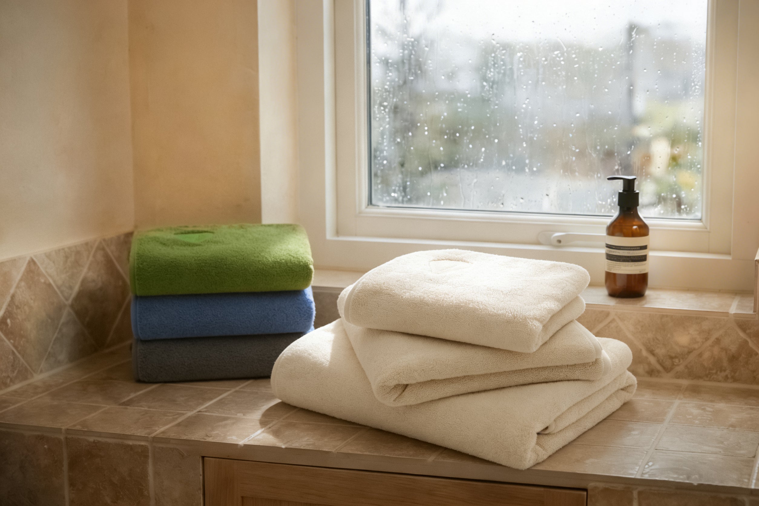 Cascadia towels in a home bathroom — all colors and sizes